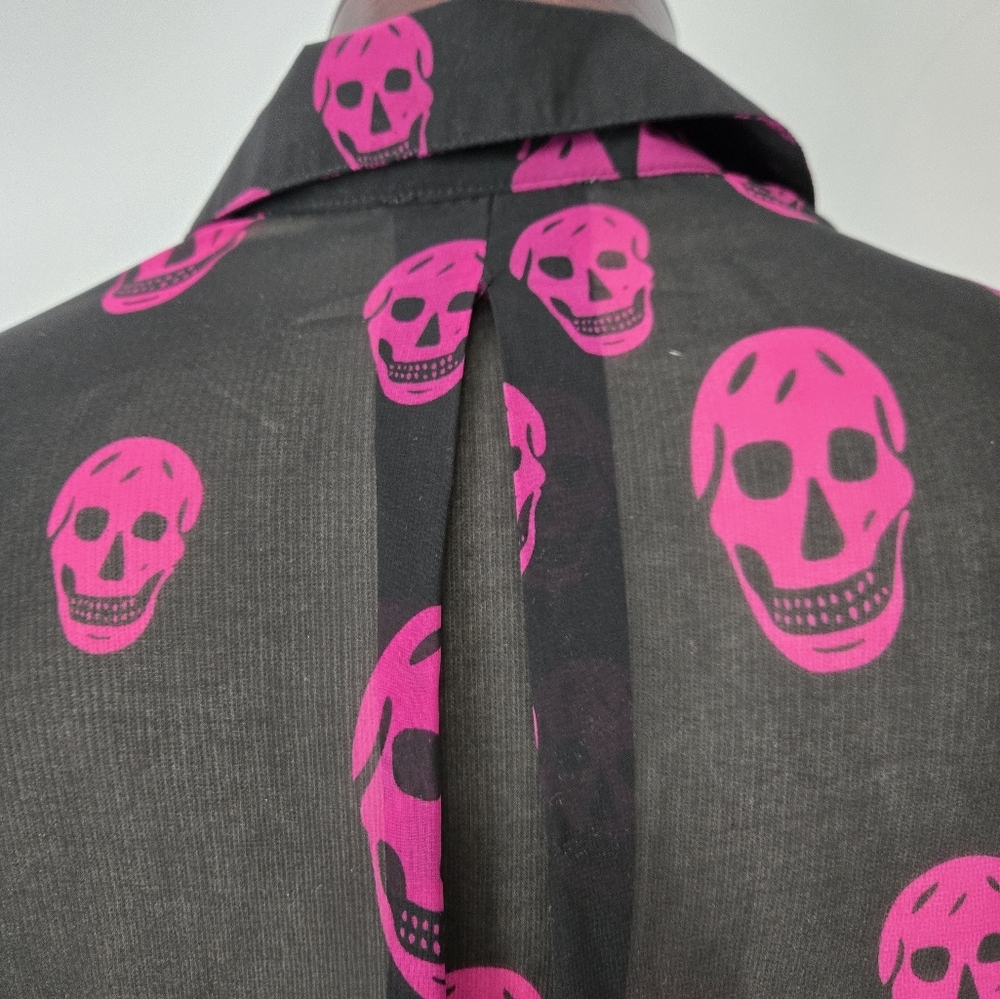 Black and Pink Sheer Skull Blouse with Studded Silver Buttons. Size Small - Picture 7 of 10